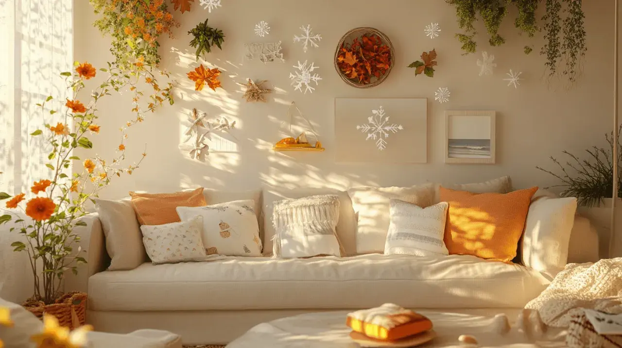 Gemütliche Couch mit Kissen in warmen Farben, umgeben von herbstlichen und winterlichen Deko-Elementen. Tolle sommer deko ideen für dein Zuhause.