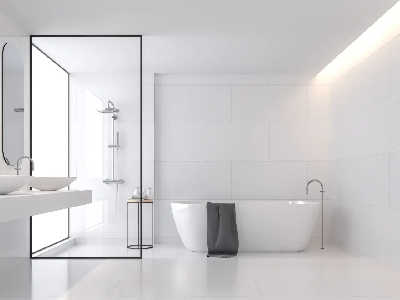 Modernes Bad mit freistehender Wanne und begehbare Dusche. Beispiele für minimalistisches Design.
