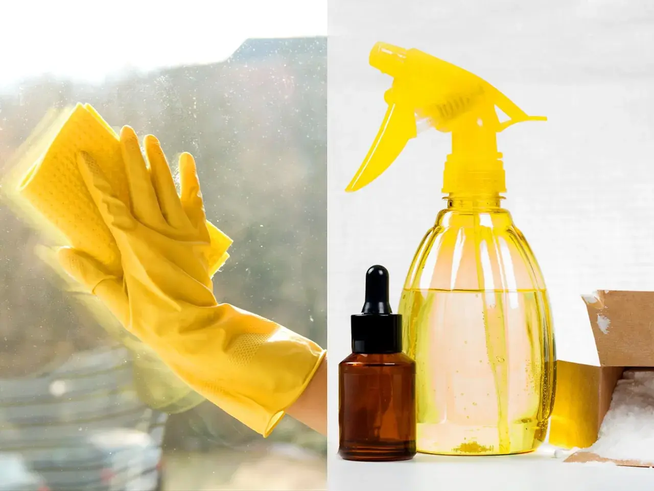 Gelbe Handschuhe putzen ein Fenster. Daneben: Zutaten zum Fensterputzmittel selber machen, wie Essigessenz und Natron.