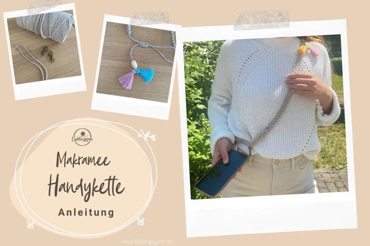 Makramee Handykette Anleitung: Garn, Karabiner, Quasten und fertige Kette. So einfach geht's!