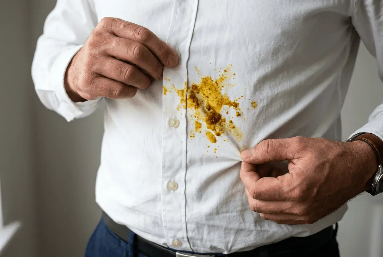 Mann mit Curryflecken auf weißem Hemd, der zeigt, wie man Curryflecken entfernen kann.