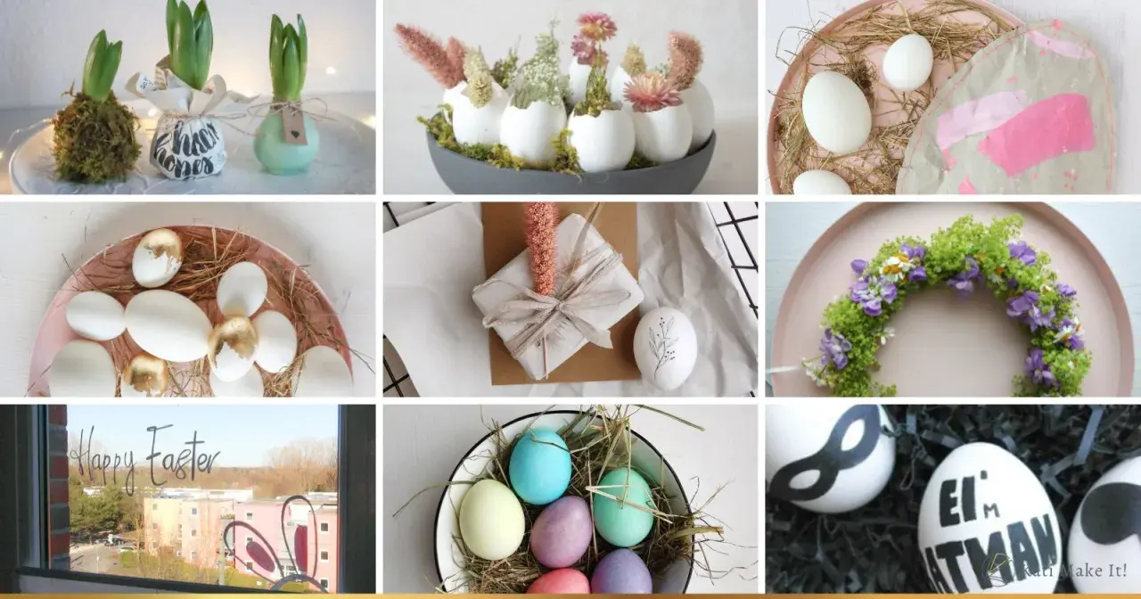 Ausgefallene Bastelideen Ostern Erwachsene: Hyazinthen, Eierdeko mit Gold, Blumenkranz, Geschenke und Batman-Eier.