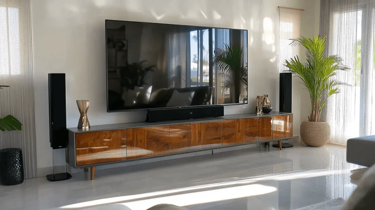 Modernes Wohnzimmer mit großem Fernseher über einem stilvollen deko tv board aus Holz. Lautsprecher und Pflanzen ergänzen das Ambiente.