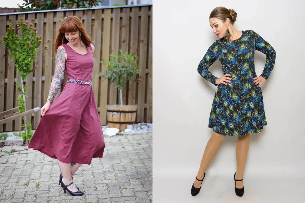 Zwei Kleider: eins in Weinrot, das andere mit Pfauenmuster. Vielleicht ein kostenloses Schnittmuster Kleid?