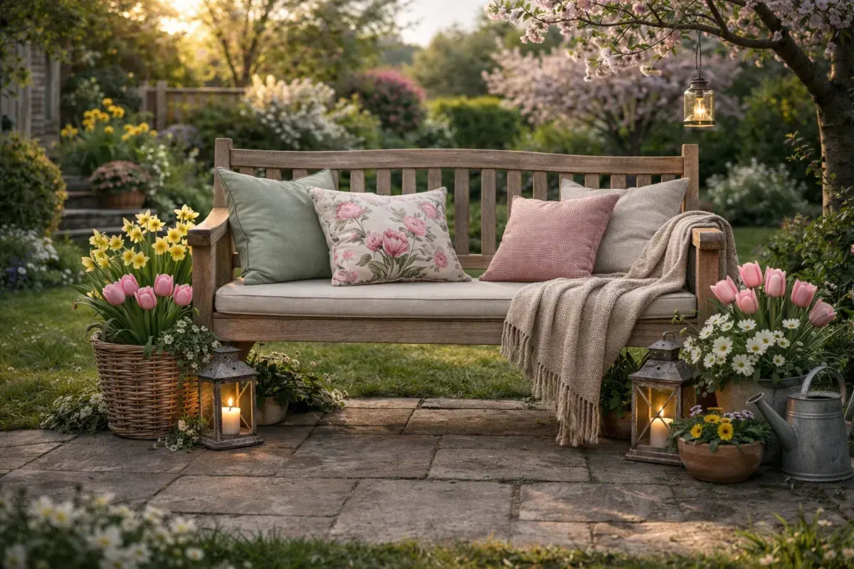 Eine einladende Gartenbank, liebevoll dekoriert mit Kissen, Decke und Blumen. Perfekt, um den Frühling zu genießen.