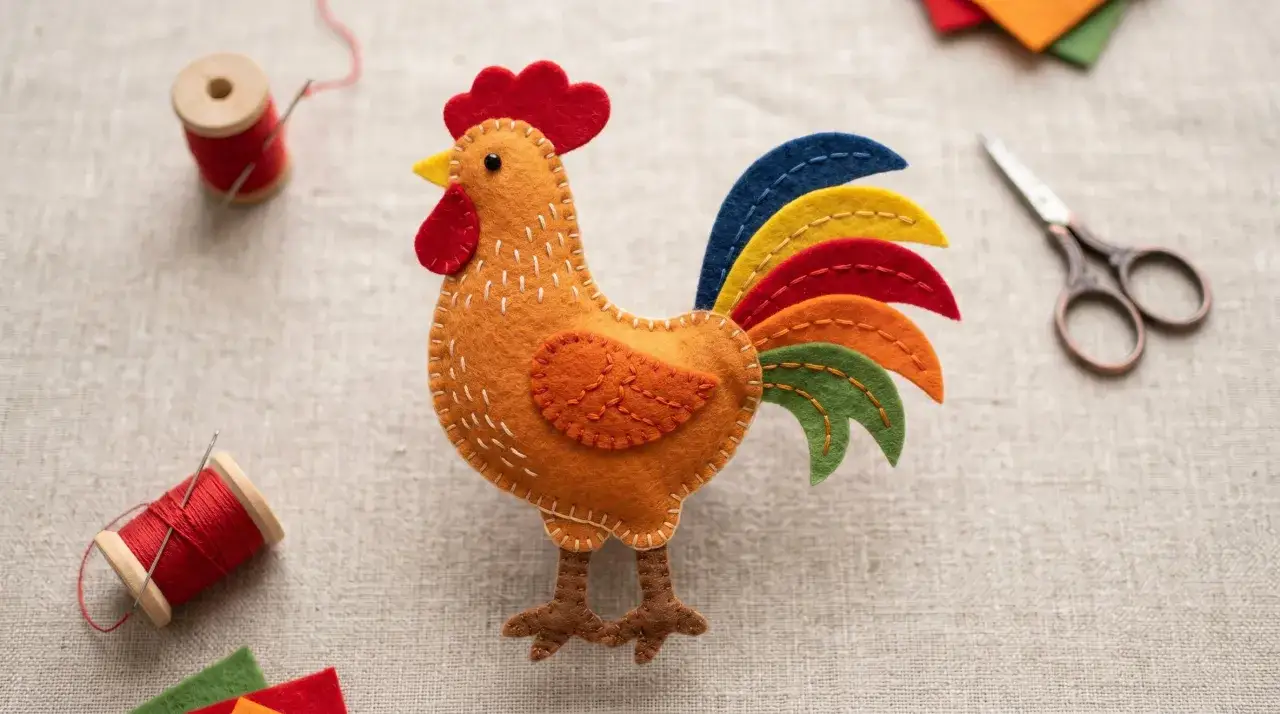 Ein farbenfrohes Huhn aus Filz, bereit zum Huhn filzen. Nadel, Faden und Schere liegen daneben.