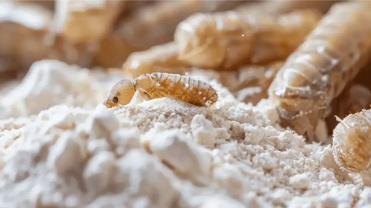 Motte Larve auf wei&szlig;em Pulver. Ein Hausmittel gegen Motten ist Natron, das hier als Pulver dargestellt wird.