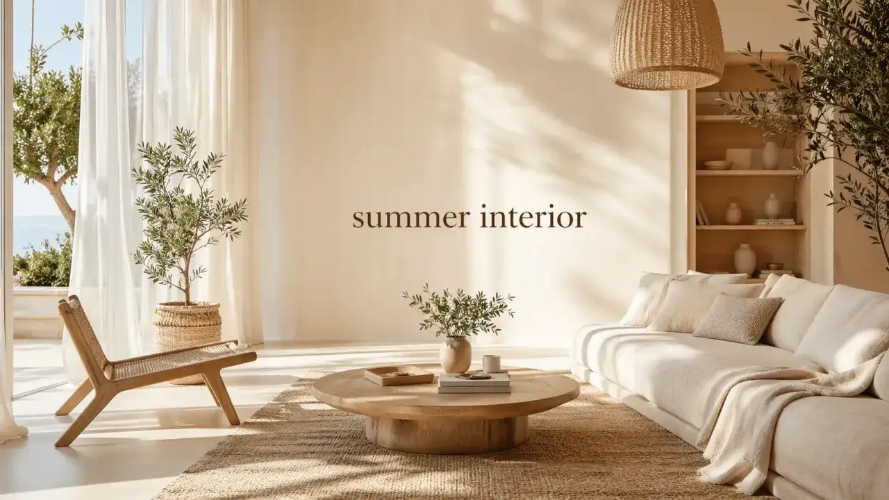 Helle, luftige Sommer Deko Ideen: Ein beiger Teppich, ein Holzstuhl, ein runder Couchtisch mit Vasen und ein Sofa mit Kissen.