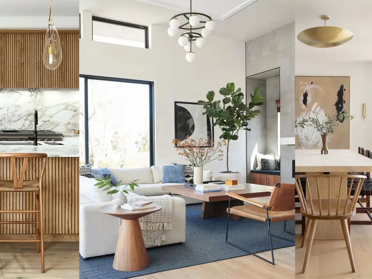 Einladendes Scandi Style Wohnen: K&uuml;che mit Holzverkleidung, gem&uuml;tliches Wohnzimmer mit Kamin und Essbereich.