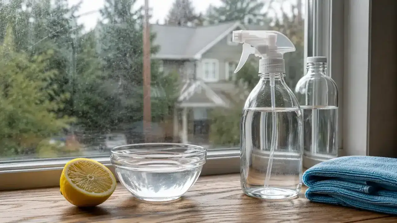 Zutaten f&uuml;r Fensterputzmittel selber machen: Zitrone, Wasser, Spr&uuml;hflasche und Tuch. So einfach geht's!