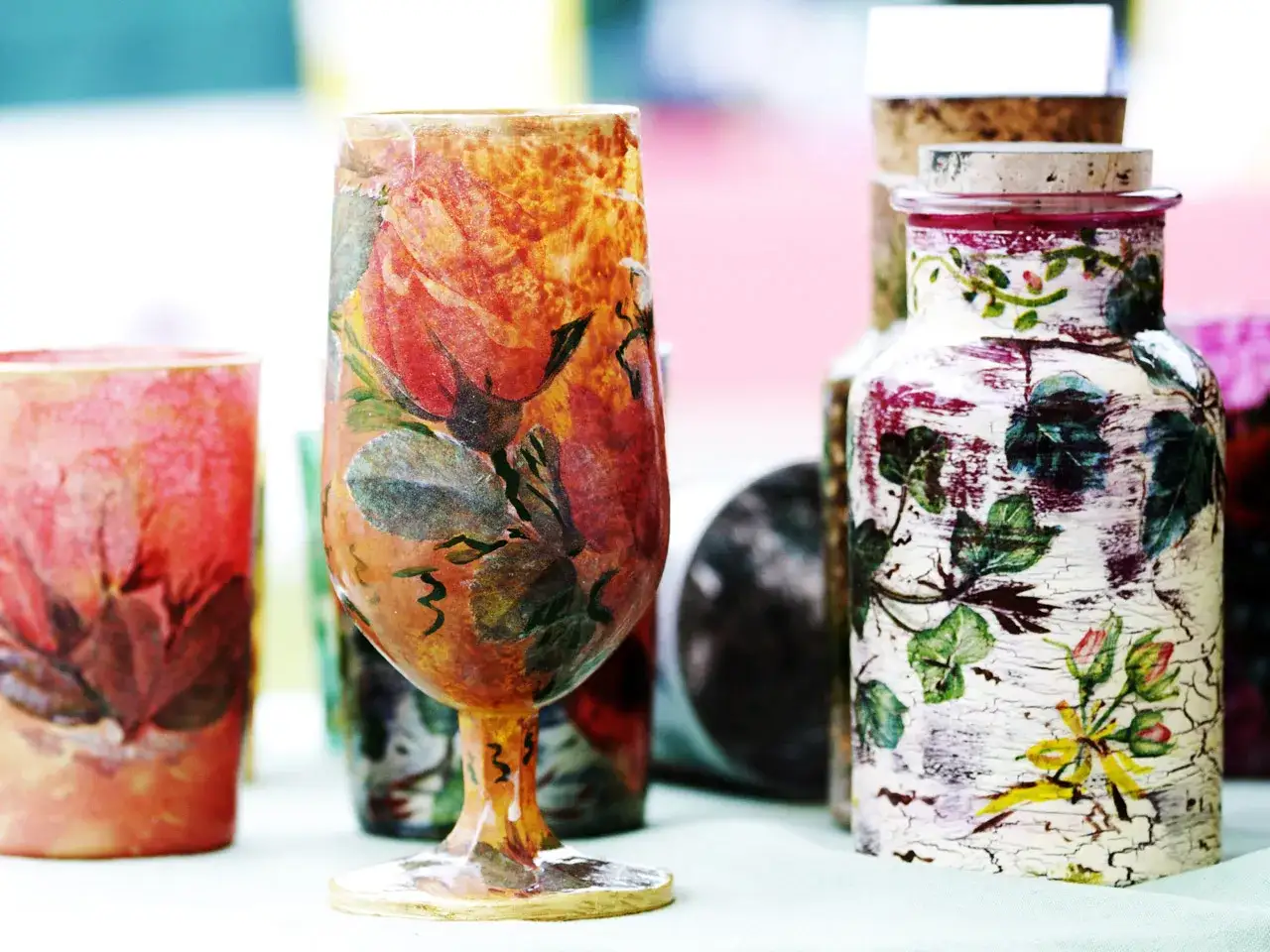 Dekorative Gl&auml;ser und Flaschen mit Blumenmotiven, tolle Serviettentechnik Ideen f&uuml;r Ihr Zuhause.