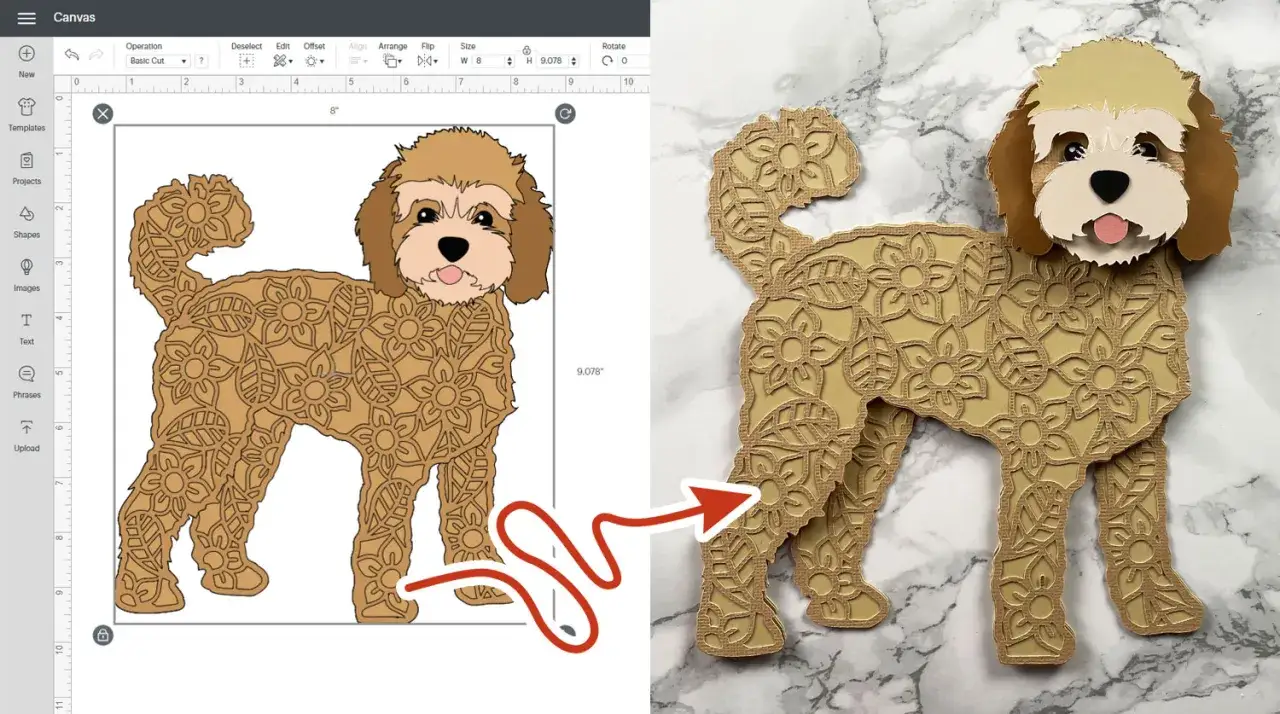 Mehrfarbig plotten Cricut: Ein süßer Hund mit Blumenmuster, digital entworfen und als Bastelprojekt umgesetzt.