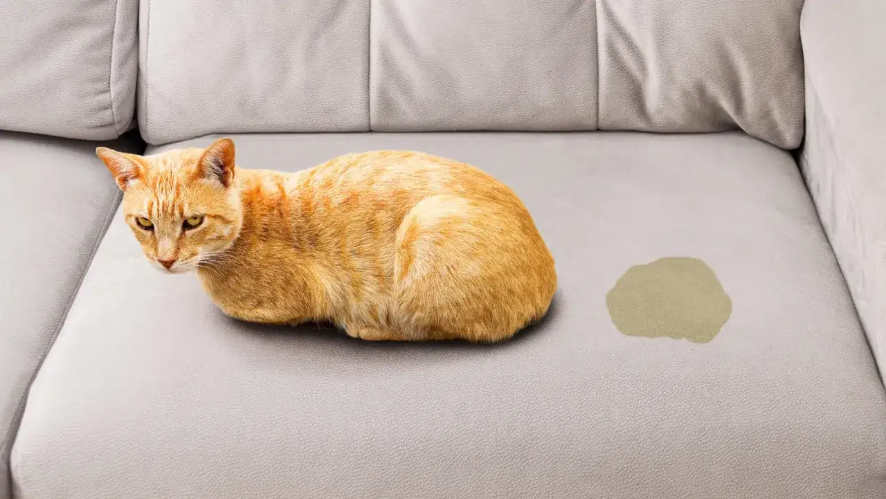 Rote Katze sitzt neben Urinfleck auf Sofa. Tipps zur effektiven Katzenurin neutralisieren.