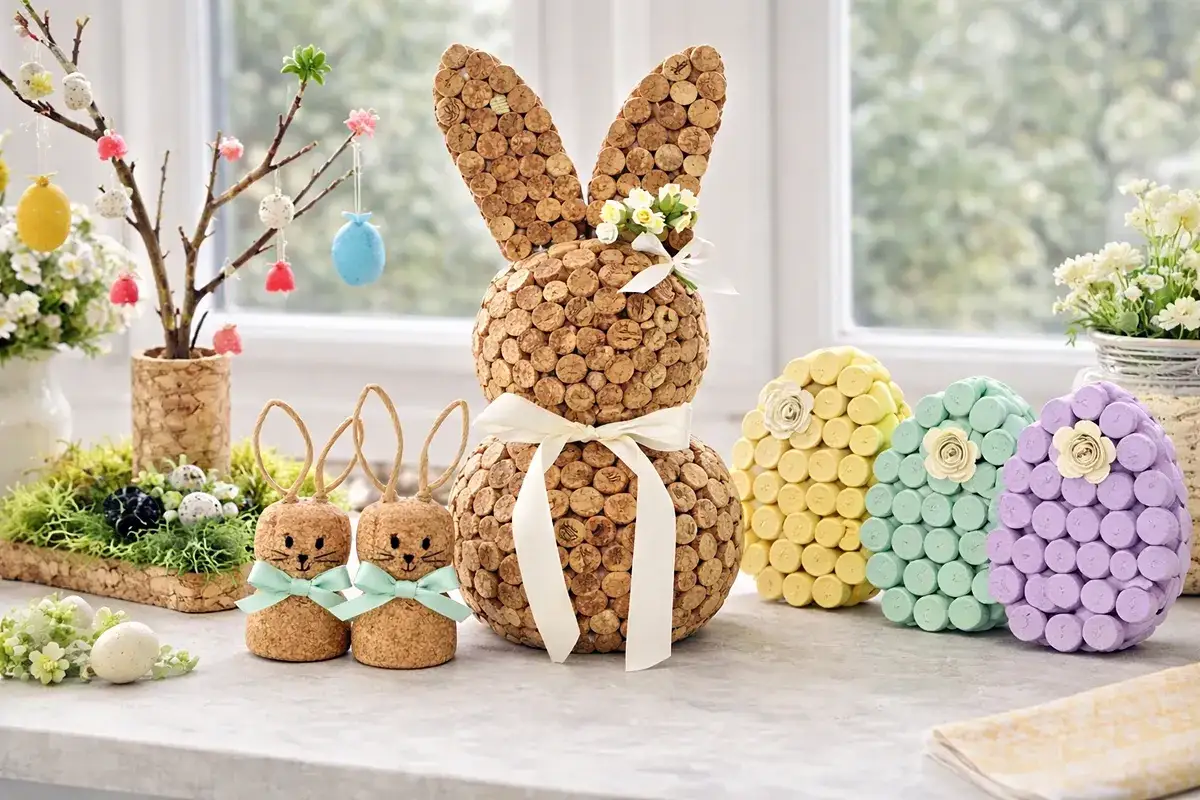 Ausgefallene Bastelideen Ostern Erwachsene: Korkhasen und bunte Eier aus Korken, die Tischdeko verschönern.