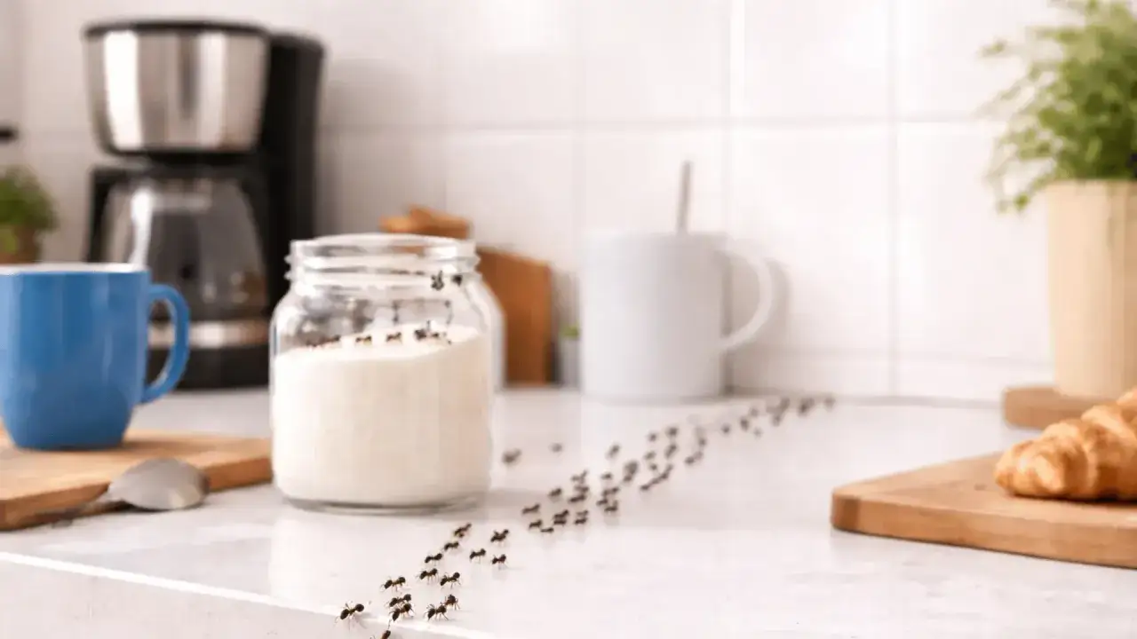 Ameisen marschieren auf einer Küchentheke zu einem Zuckerglas. Zeit, diese Ameisen loszuwerden!