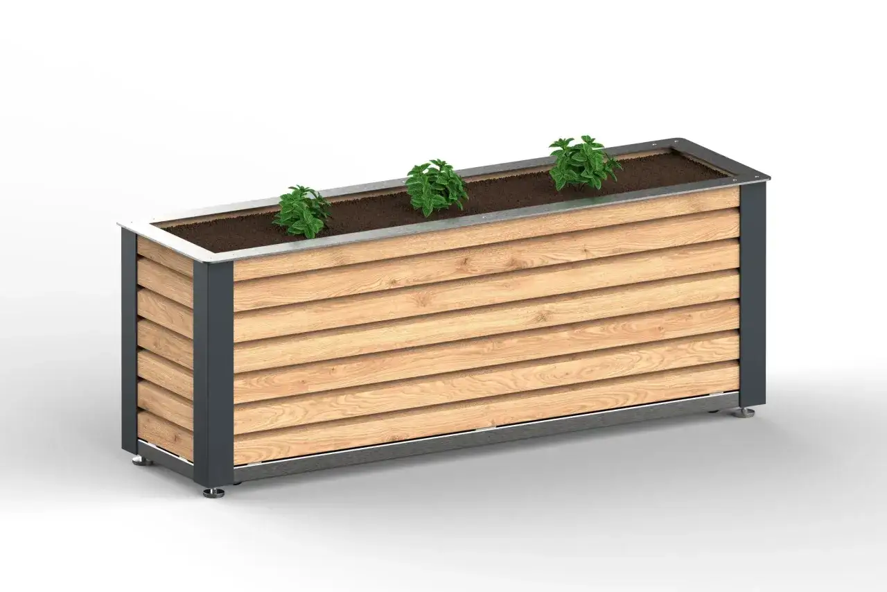 Modernes Hochbeet mit Holzlamellen und Metallrahmen, ideal für Kräuter. Tolle Hochbeet Ideen für Ihren Garten.