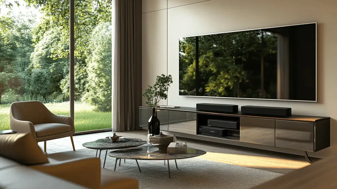 Modernes Wohnzimmer mit großem Fenster, bequemen Sesseln und einem eleganten deko tv board, das mit Technik und Pflanzen dekoriert ist.